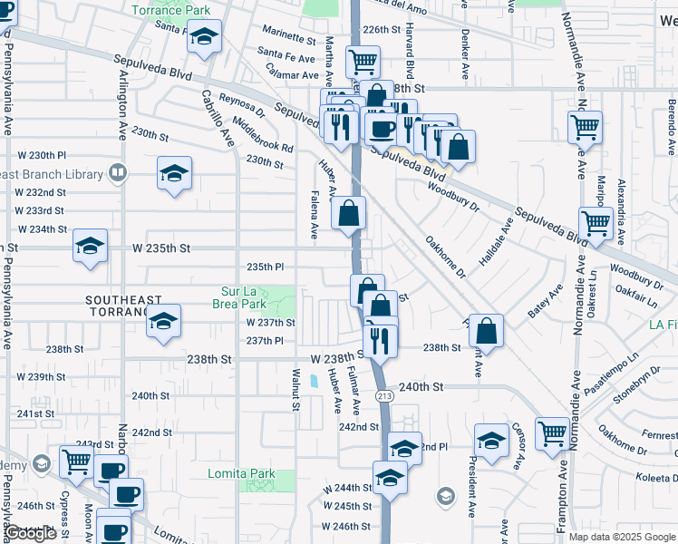 map of restaurants, bars, coffee shops, grocery stores, and more near 1711 236th Street in Torrance