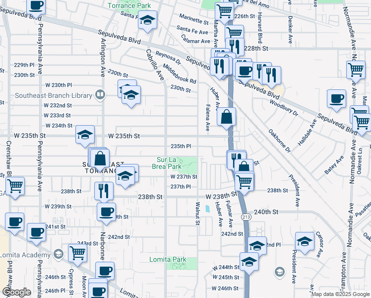 map of restaurants, bars, coffee shops, grocery stores, and more near in Torrance