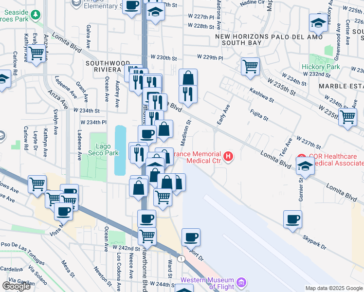 map of restaurants, bars, coffee shops, grocery stores, and more near 24050 Madison Street in Torrance