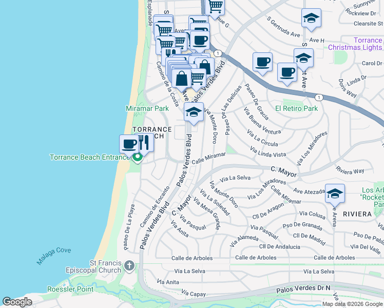 map of restaurants, bars, coffee shops, grocery stores, and more near 375 Camino de las Colinas in Redondo Beach