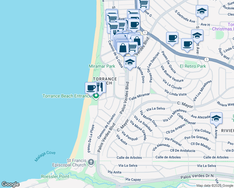 map of restaurants, bars, coffee shops, grocery stores, and more near 389 Palos Verdes Boulevard in Redondo Beach