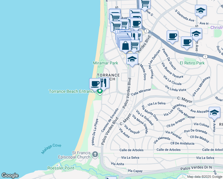 map of restaurants, bars, coffee shops, grocery stores, and more near 205 Vía Riviera in Redondo Beach