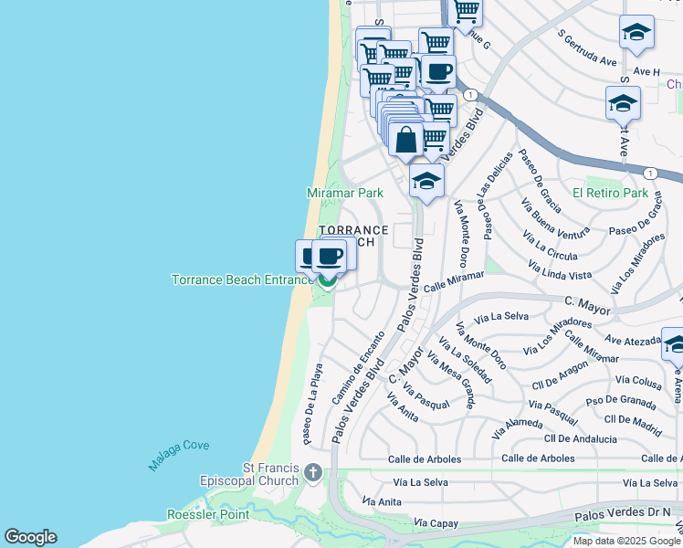 map of restaurants, bars, coffee shops, grocery stores, and more near 361 Paseo De La Playa in Torrance