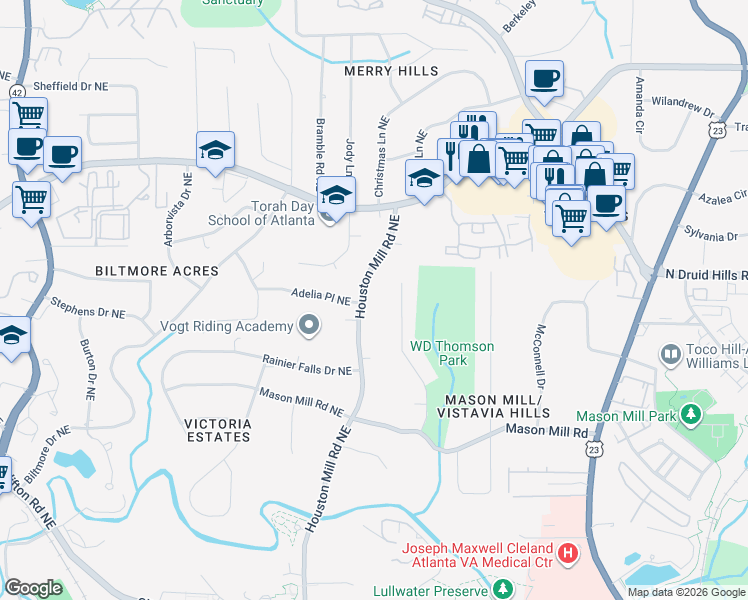 map of restaurants, bars, coffee shops, grocery stores, and more near 1131 Houston Mill Road Northeast in Atlanta