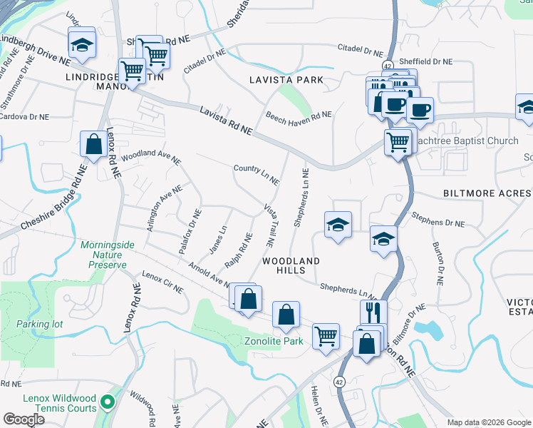 map of restaurants, bars, coffee shops, grocery stores, and more near 1132 Vista Trail Northeast in Atlanta