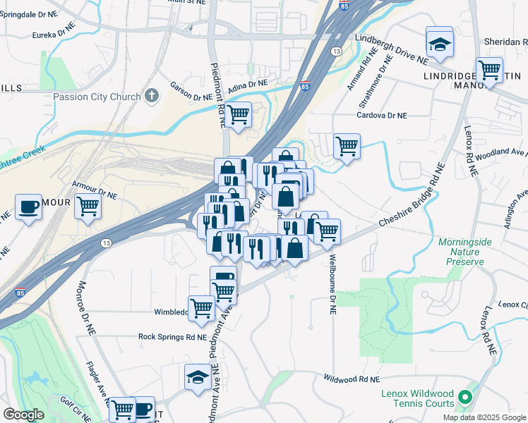 map of restaurants, bars, coffee shops, grocery stores, and more near 2188 Niles Place Northeast in Atlanta