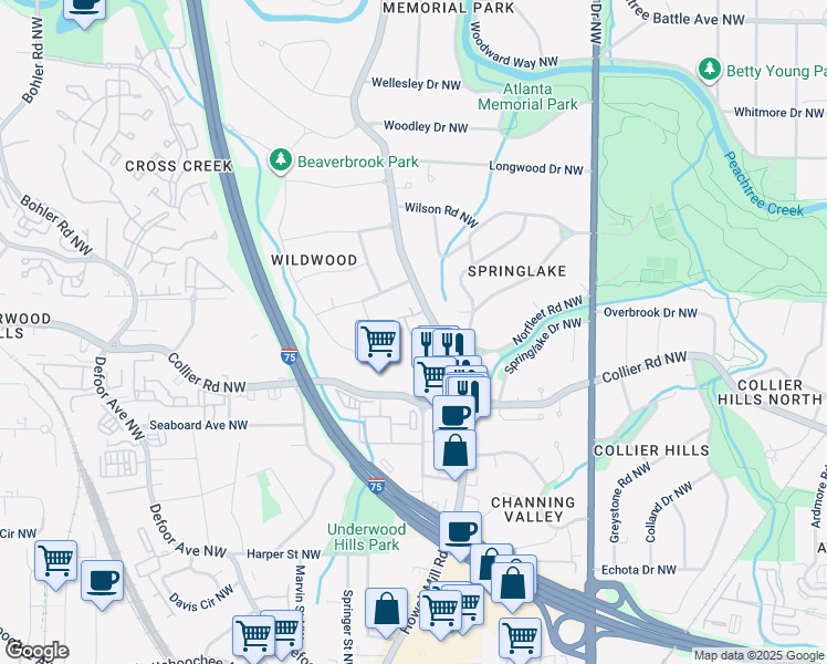 map of restaurants, bars, coffee shops, grocery stores, and more near 2070 Howell Mill Road Northwest in Atlanta