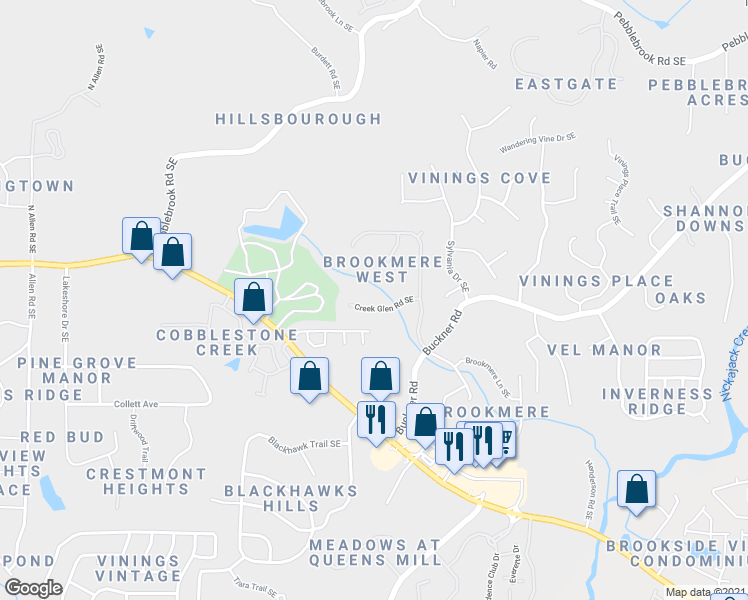 map of restaurants, bars, coffee shops, grocery stores, and more near 770 Creek Glen Road Southeast in Mableton