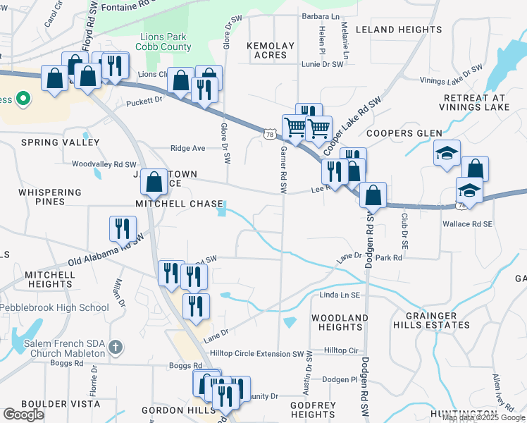 map of restaurants, bars, coffee shops, grocery stores, and more near 5851 Lone Oak Drive Southwest in Mableton