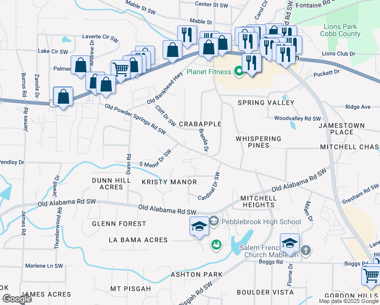 map of restaurants, bars, coffee shops, grocery stores, and more near 997 Old Powder Springs Road Southwest in Mableton