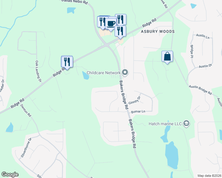 map of restaurants, bars, coffee shops, grocery stores, and more near 250 Clear Brook Trail in Douglasville