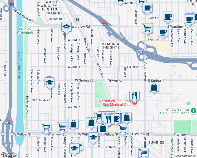 map of restaurants, bars, coffee shops, grocery stores, and more near 103 West Spring Street in Long Beach