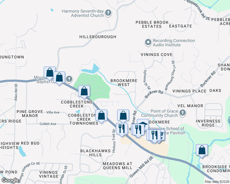 map of restaurants, bars, coffee shops, grocery stores, and more near 759 Creek Glen Road Southeast in Mableton