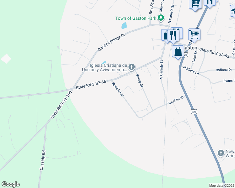 map of restaurants, bars, coffee shops, grocery stores, and more near 362 Sprahler Street in Gaston