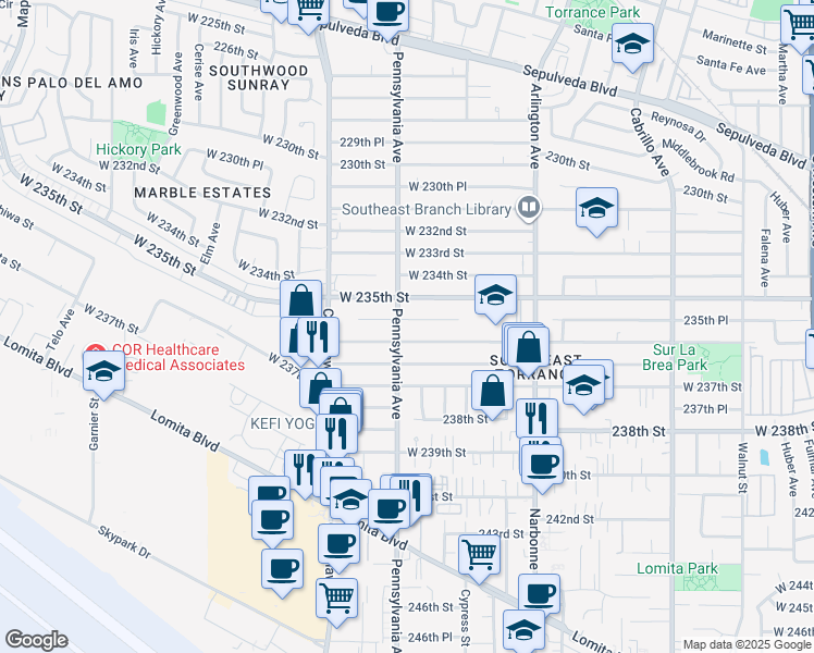 map of restaurants, bars, coffee shops, grocery stores, and more near 2370 235th Place in Torrance