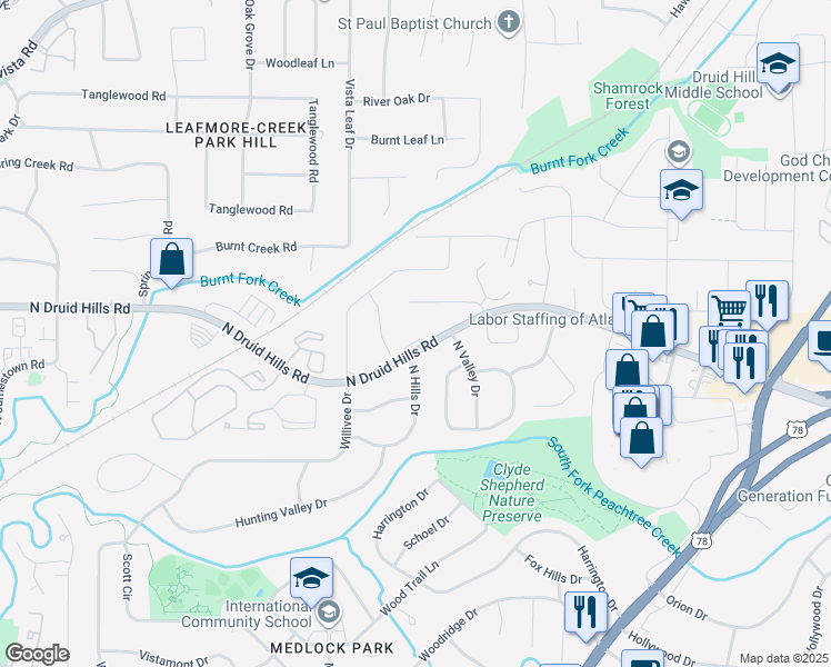 map of restaurants, bars, coffee shops, grocery stores, and more near 3593 North Druid Hills Road Northeast in Decatur
