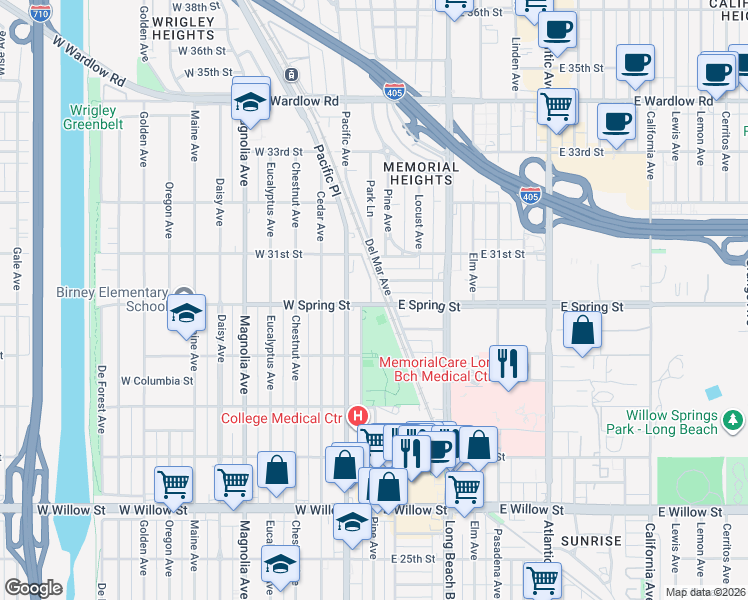 map of restaurants, bars, coffee shops, grocery stores, and more near 103 West Spring Street in Long Beach