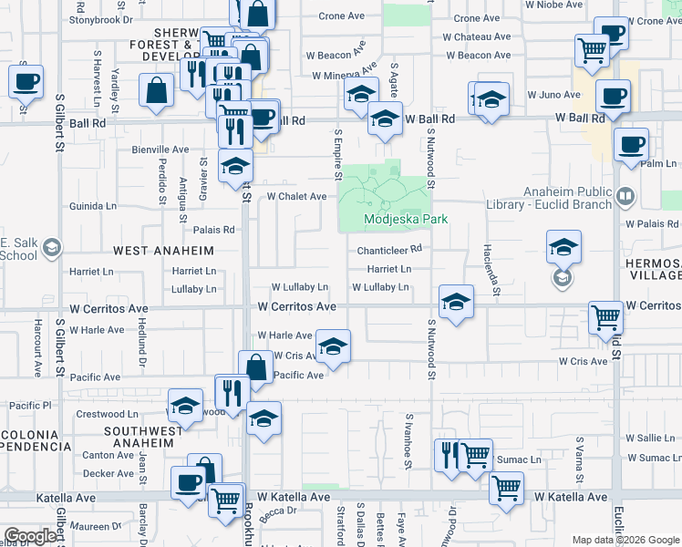 map of restaurants, bars, coffee shops, grocery stores, and more near 1431 South Dallas Drive in Anaheim
