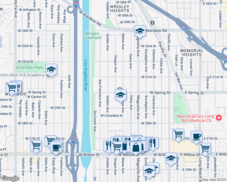 map of restaurants, bars, coffee shops, grocery stores, and more near 3001 Oregon Avenue in Long Beach