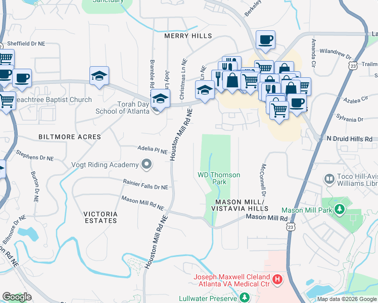 map of restaurants, bars, coffee shops, grocery stores, and more near 1128 Mason Woods Drive Northeast in Atlanta
