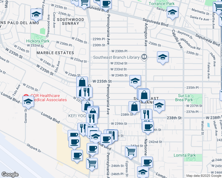map of restaurants, bars, coffee shops, grocery stores, and more near 2370 235th Place in Torrance
