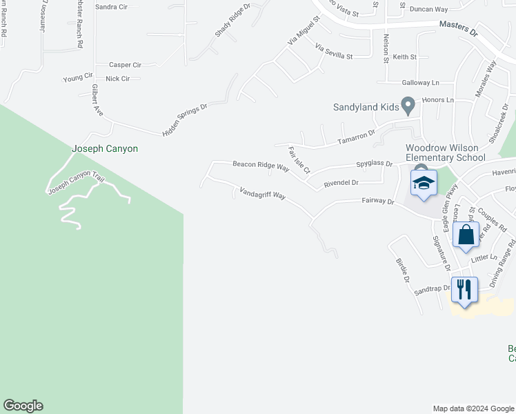 map of restaurants, bars, coffee shops, grocery stores, and more near 1544 Vandagriff Way in Corona