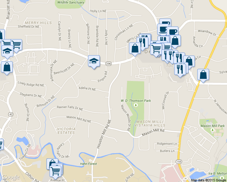 map of restaurants, bars, coffee shops, grocery stores, and more near 1131 Houston Mill Rd NE in Atlanta