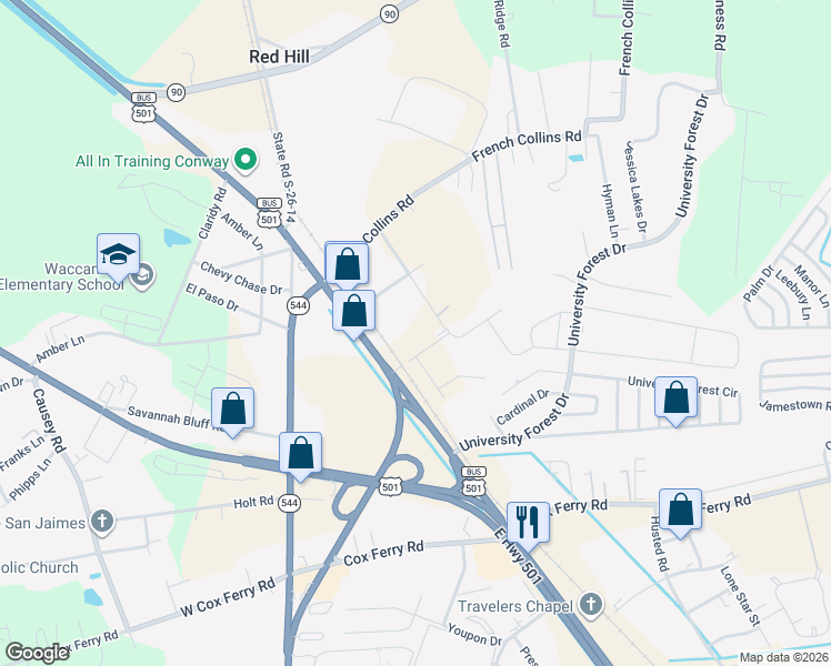 map of restaurants, bars, coffee shops, grocery stores, and more near 180 Sanderson Drive in Conway