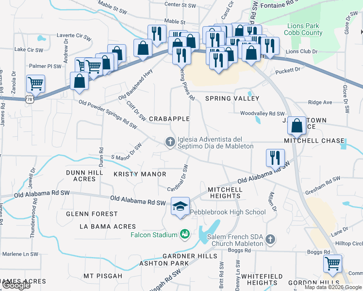 map of restaurants, bars, coffee shops, grocery stores, and more near 5840 Crabapple Drive Southwest in Mableton