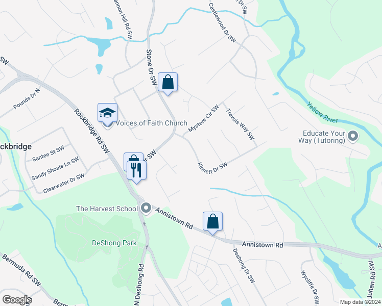 map of restaurants, bars, coffee shops, grocery stores, and more near 2625 Kinnett Drive Southwest in Lilburn