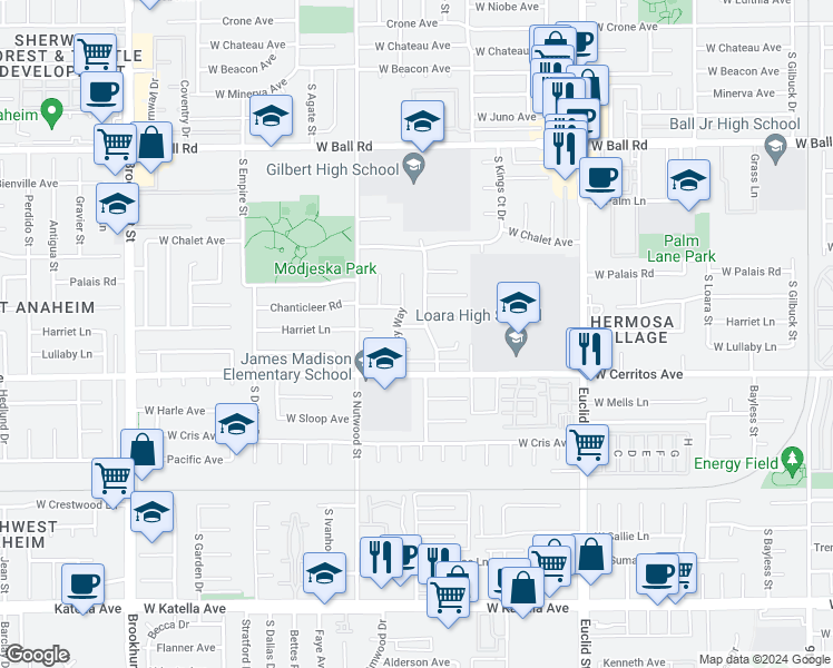 map of restaurants, bars, coffee shops, grocery stores, and more near 1840 Regatta Road in Anaheim