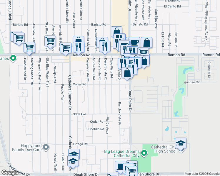 map of restaurants, bars, coffee shops, grocery stores, and more near 32535 Cielo Vista Road in Cathedral City