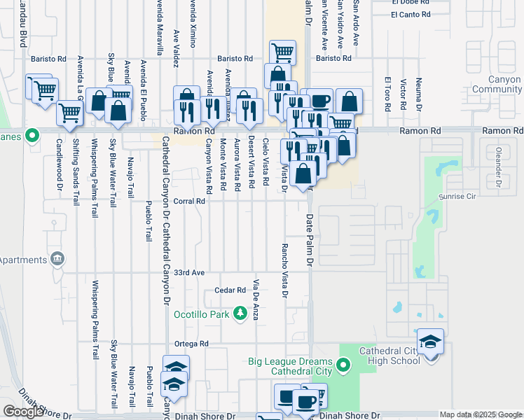map of restaurants, bars, coffee shops, grocery stores, and more near 32535 Cielo Vista Road in Cathedral City