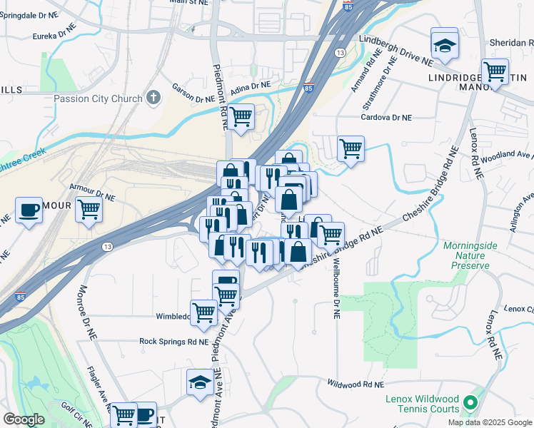 map of restaurants, bars, coffee shops, grocery stores, and more near 2188 Niles Place Northeast in Atlanta