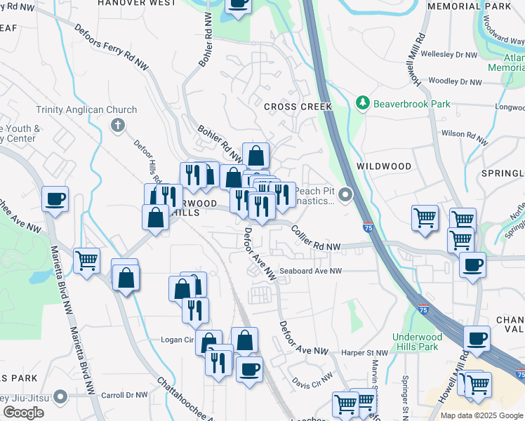 map of restaurants, bars, coffee shops, grocery stores, and more near 2025 Defoors Crossing Northwest in Atlanta