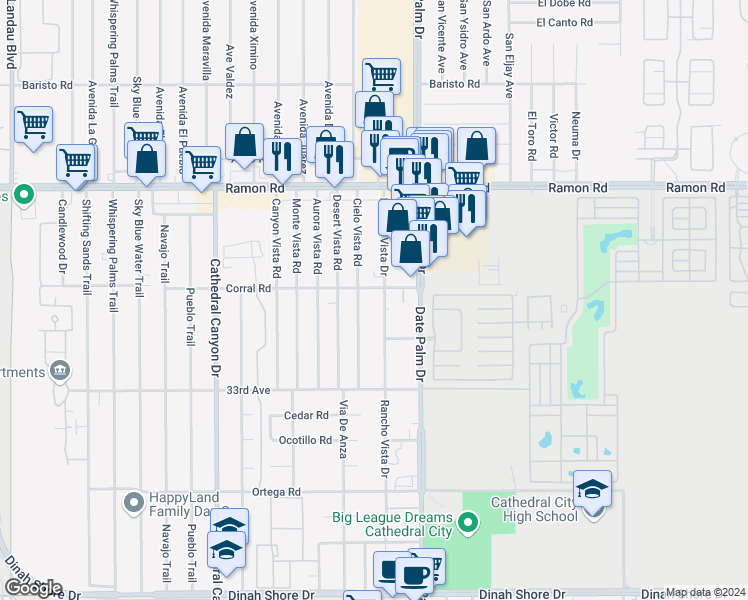 map of restaurants, bars, coffee shops, grocery stores, and more near 32571 Rancho Vista Drive in Cathedral City