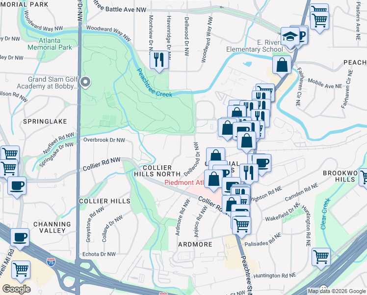 map of restaurants, bars, coffee shops, grocery stores, and more near 2073 Golfview Drive Northwest in Atlanta
