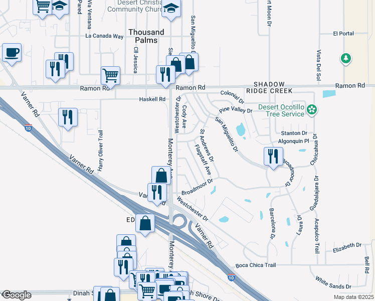 map of restaurants, bars, coffee shops, grocery stores, and more near 32633 Southern Hills Avenue in Thousand Palms