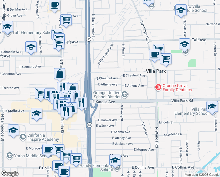 map of restaurants, bars, coffee shops, grocery stores, and more near 2242 East Trenton Avenue in Orange