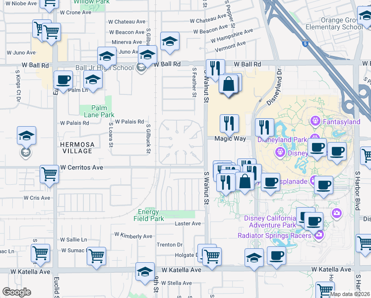 map of restaurants, bars, coffee shops, grocery stores, and more near 1331 West Cerritos Avenue in Anaheim