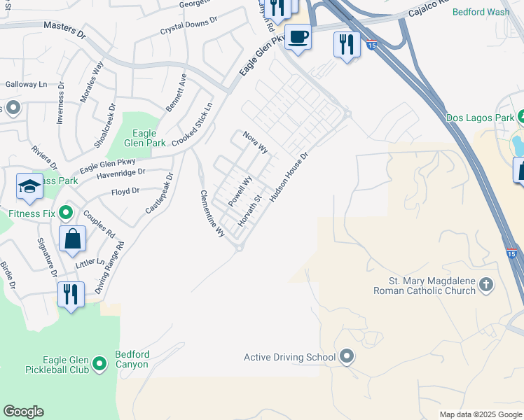 map of restaurants, bars, coffee shops, grocery stores, and more near 4270 Horvath Street in Corona