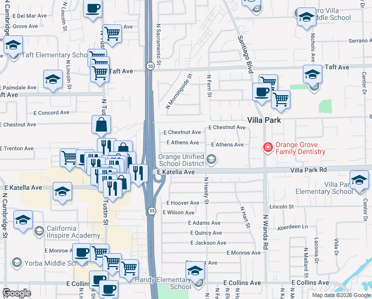 map of restaurants, bars, coffee shops, grocery stores, and more near 2242 East Trenton Avenue in Orange