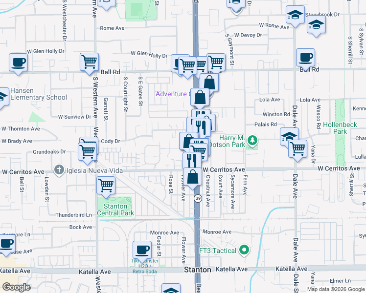 map of restaurants, bars, coffee shops, grocery stores, and more near 7892 1st Street in Stanton