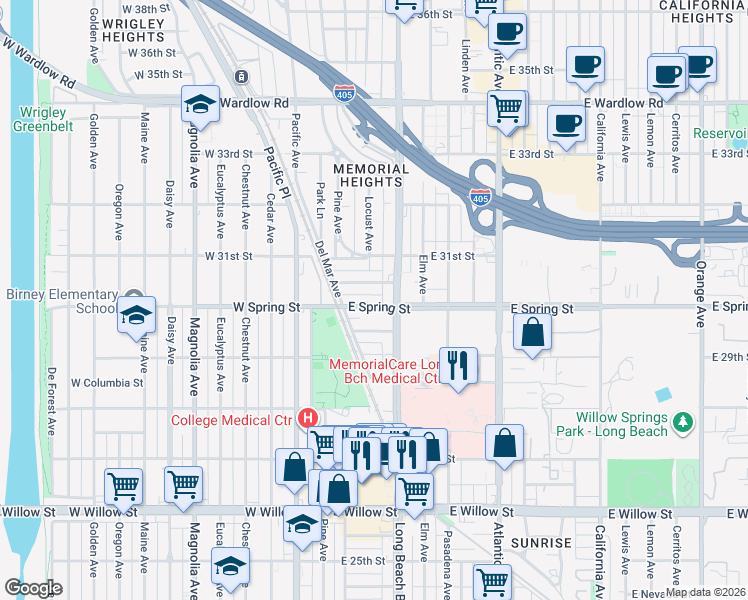 map of restaurants, bars, coffee shops, grocery stores, and more near 156 East Spring Street in Long Beach