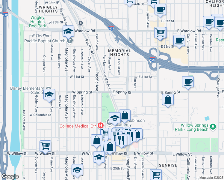 map of restaurants, bars, coffee shops, grocery stores, and more near 156 East Spring Street in Long Beach