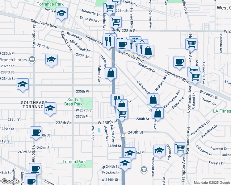 map of restaurants, bars, coffee shops, grocery stores, and more near 23552 South Western Avenue in Los Angeles