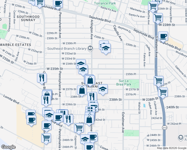 map of restaurants, bars, coffee shops, grocery stores, and more near 23525 Arlington Avenue in Torrance