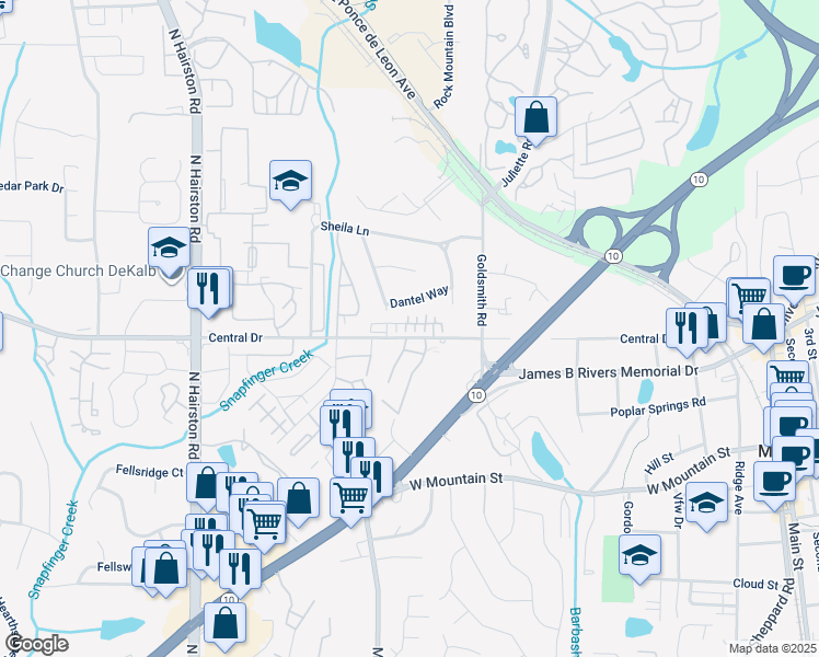 map of restaurants, bars, coffee shops, grocery stores, and more near 4969 Central Drive in Stone Mountain