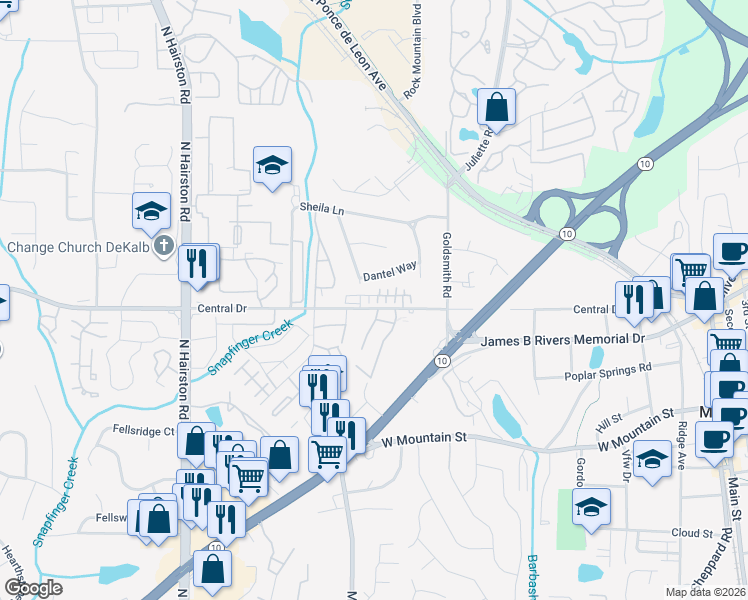 map of restaurants, bars, coffee shops, grocery stores, and more near 4969 Central Drive in Stone Mountain