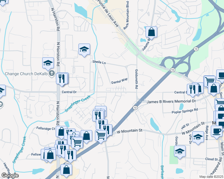 map of restaurants, bars, coffee shops, grocery stores, and more near 4969 Central Drive in Stone Mountain